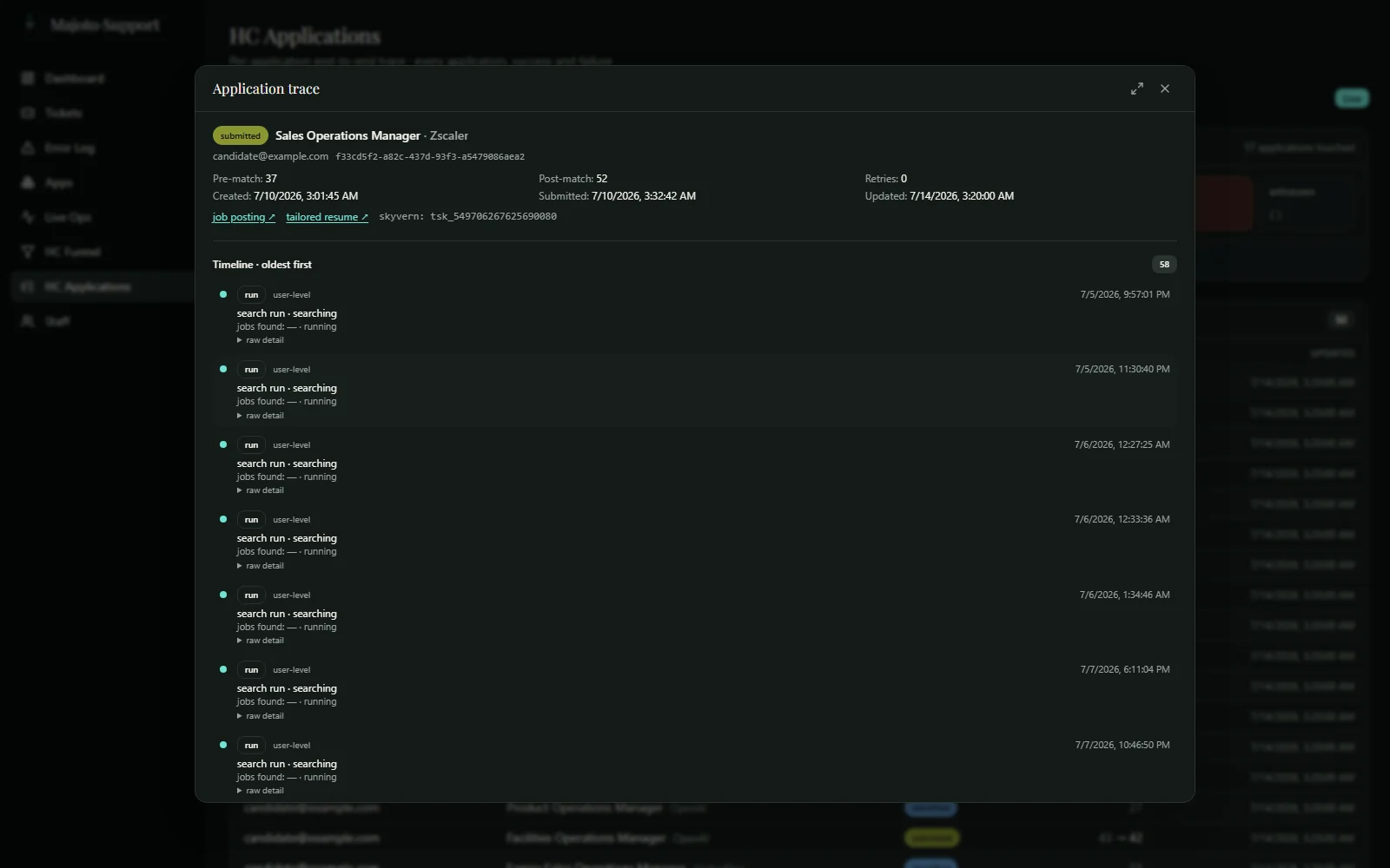 Application trace modal in dark theme: a chronological timeline of one job application, from search run and match through resume tailoring, credit movements and status changes to submission, each with expandable raw detail