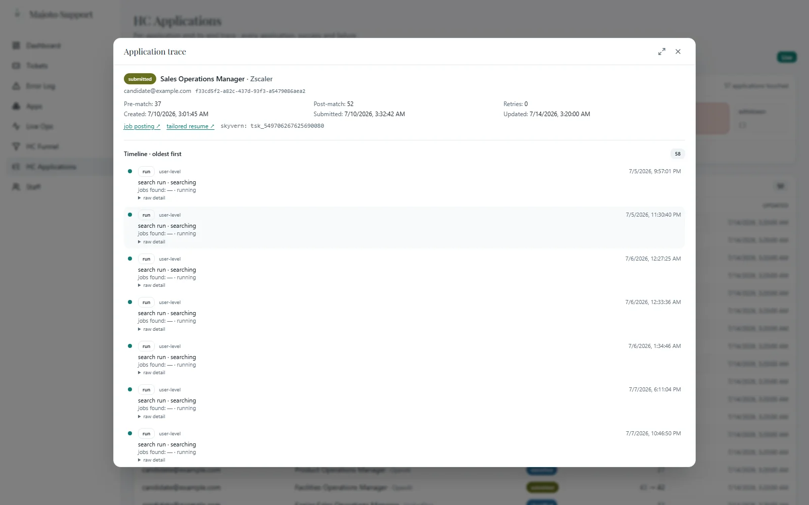 Application trace modal in light theme: a chronological timeline of one job application, from search run and match through resume tailoring, credit movements and status changes to submission, each with expandable raw detail