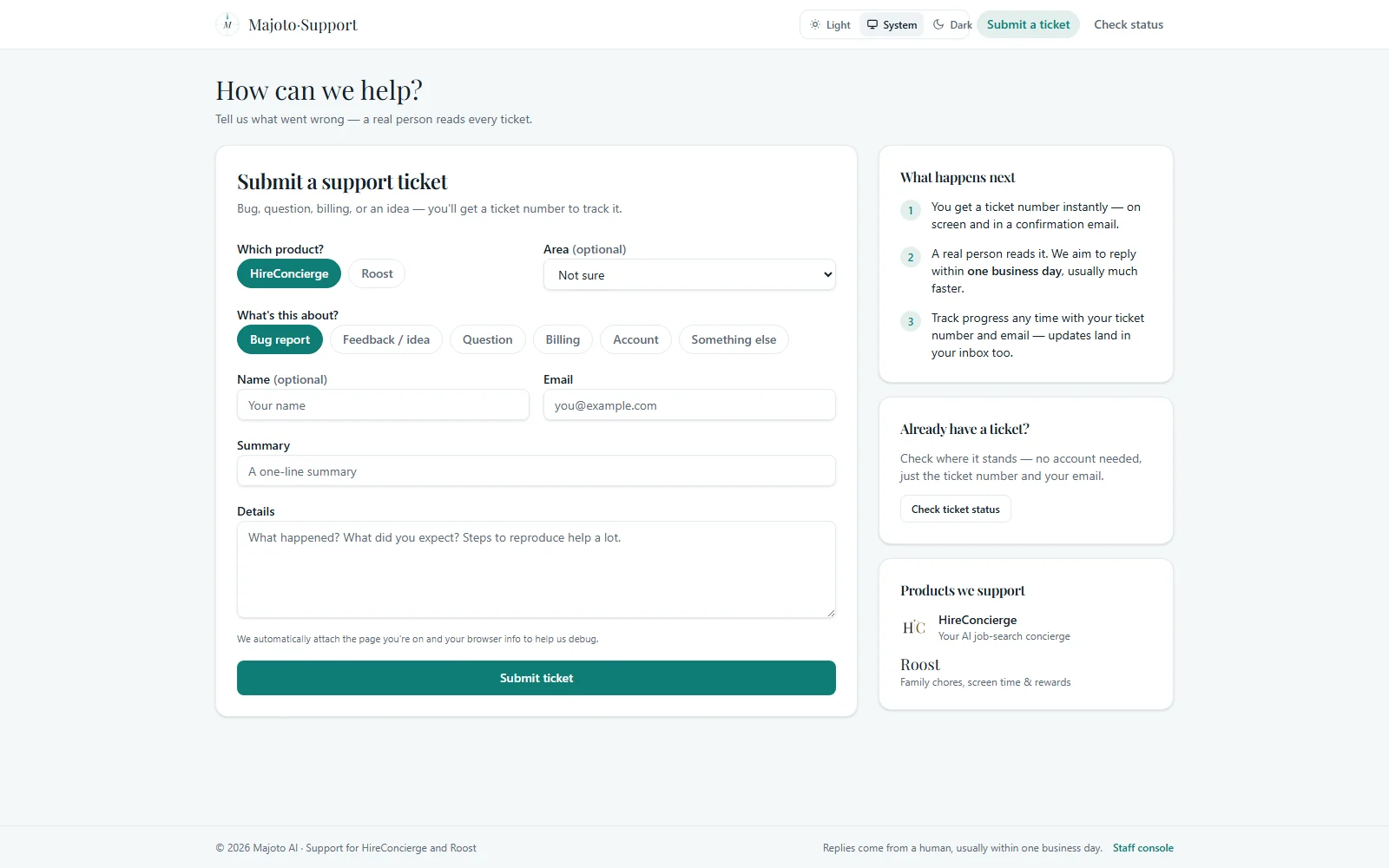 Public support ticket form: product picker, category chips, and summary and details fields on a clean Atrium light page with the Majoto compass logo