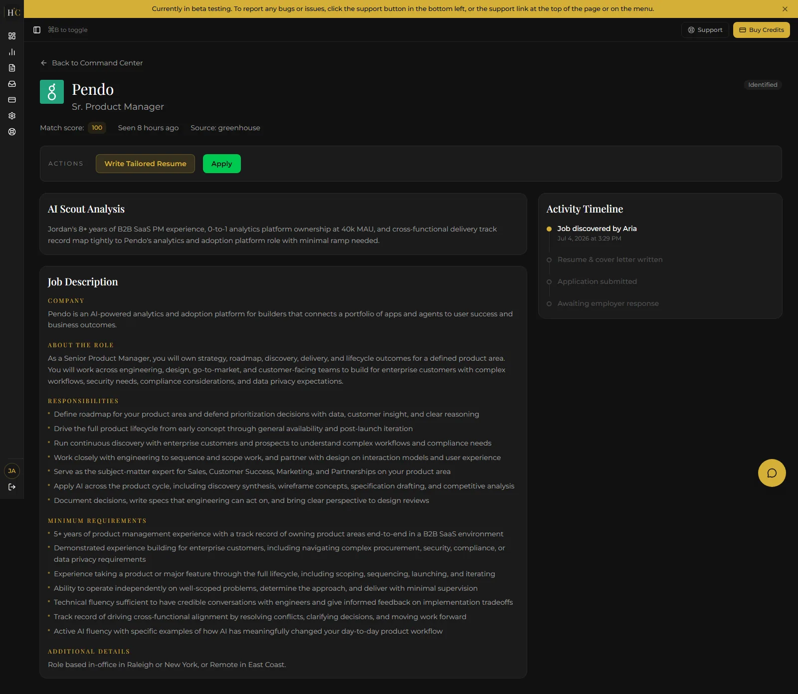 HireConcierge application detail in dark theme: role header with match score and source, Write Tailored Resume and Apply actions, an AI Scout analysis paragraph, the structured job description, and an activity timeline from job discovered to awaiting employer response
