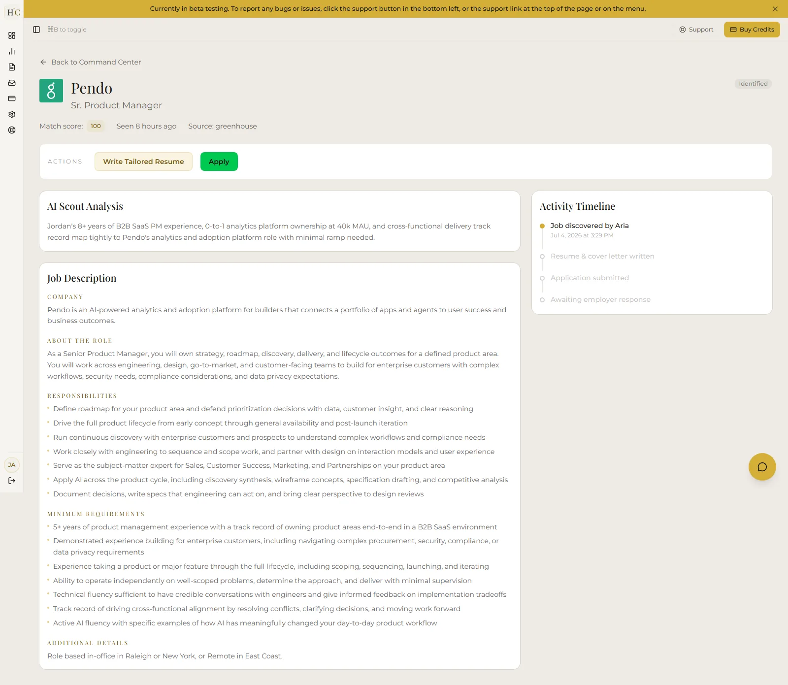 HireConcierge application detail in light Ivory Studio theme: role header with match score and source, Write Tailored Resume and Apply actions, an AI Scout analysis paragraph, the structured job description, and an activity timeline from job discovered to awaiting employer response