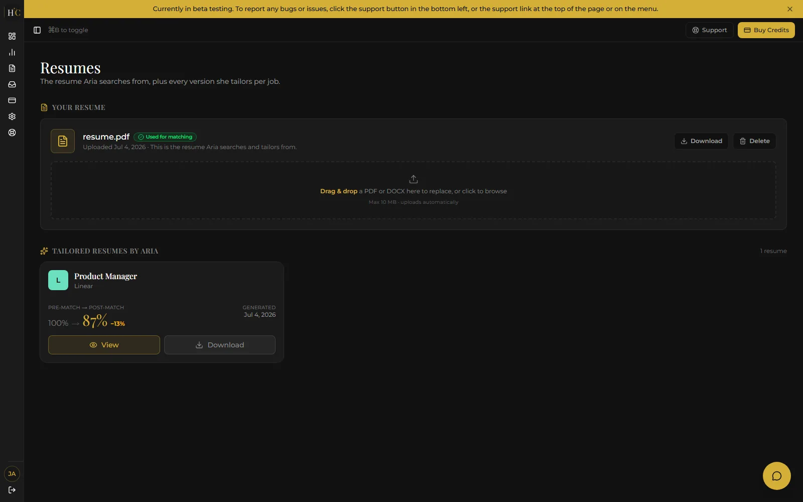 HireConcierge resumes page in dark theme: the master resume card used for matching with drag-and-drop replacement, and a tailored-resume card showing the pre-match to post-match score change with view and download actions