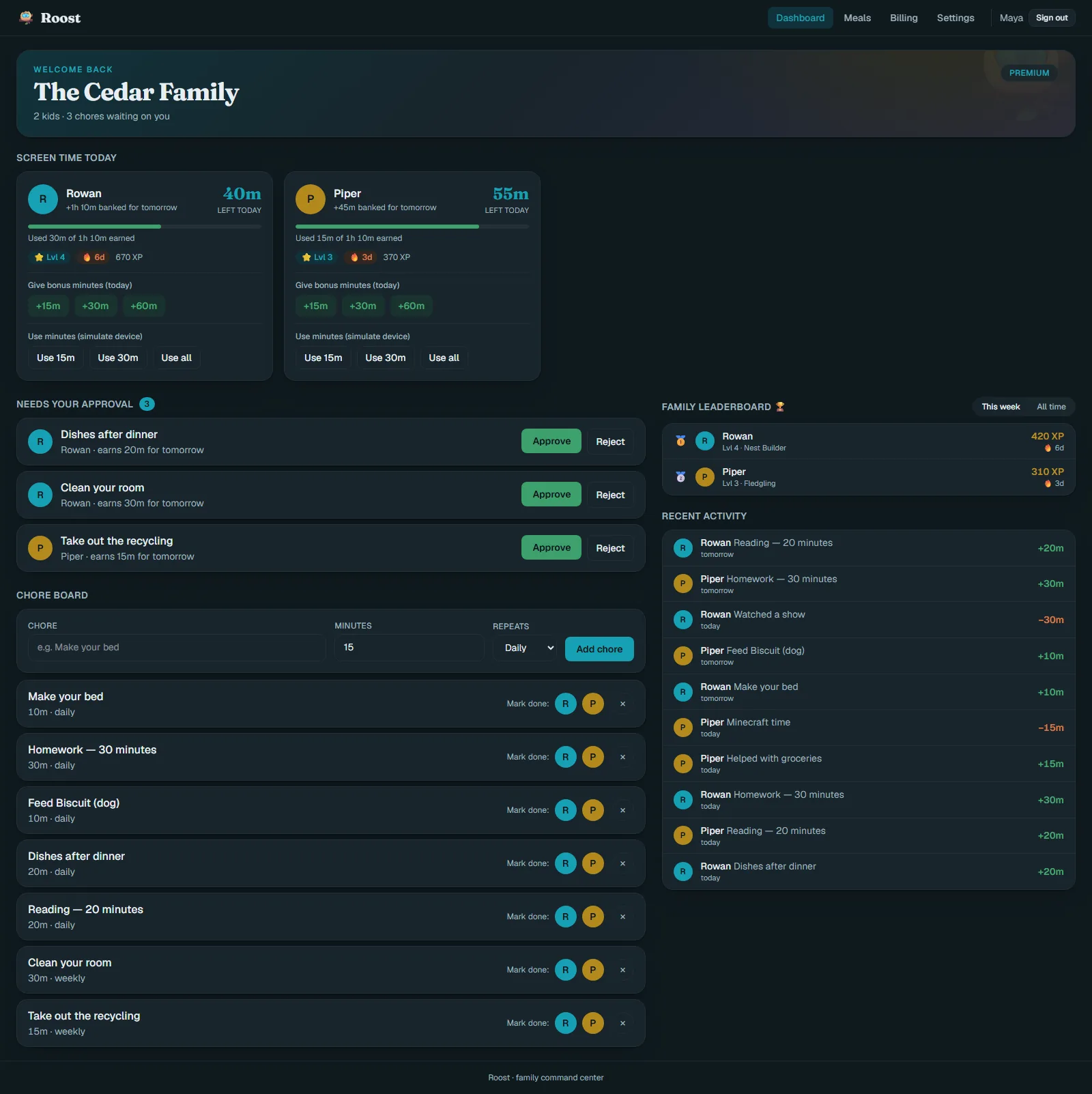 Roost parent dashboard in dark theme: per-kid screen-time cards with today's balance and banked minutes, a needs-your-approval queue, the chore board, a family XP leaderboard and a recent-activity feed