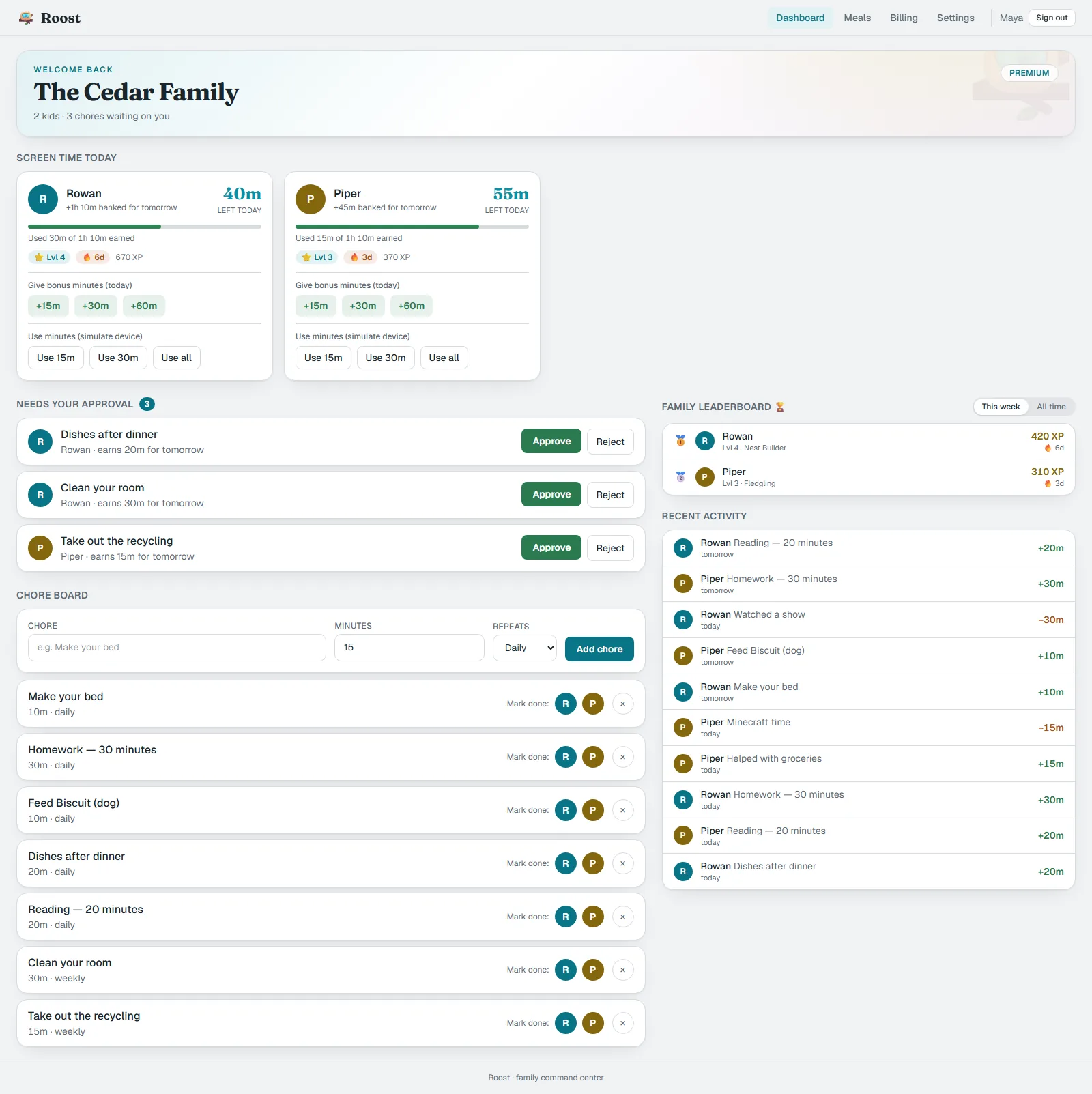 Roost parent dashboard in light theme: per-kid screen-time cards with today's balance and banked minutes, a needs-your-approval queue, the chore board, a family XP leaderboard and a recent-activity feed